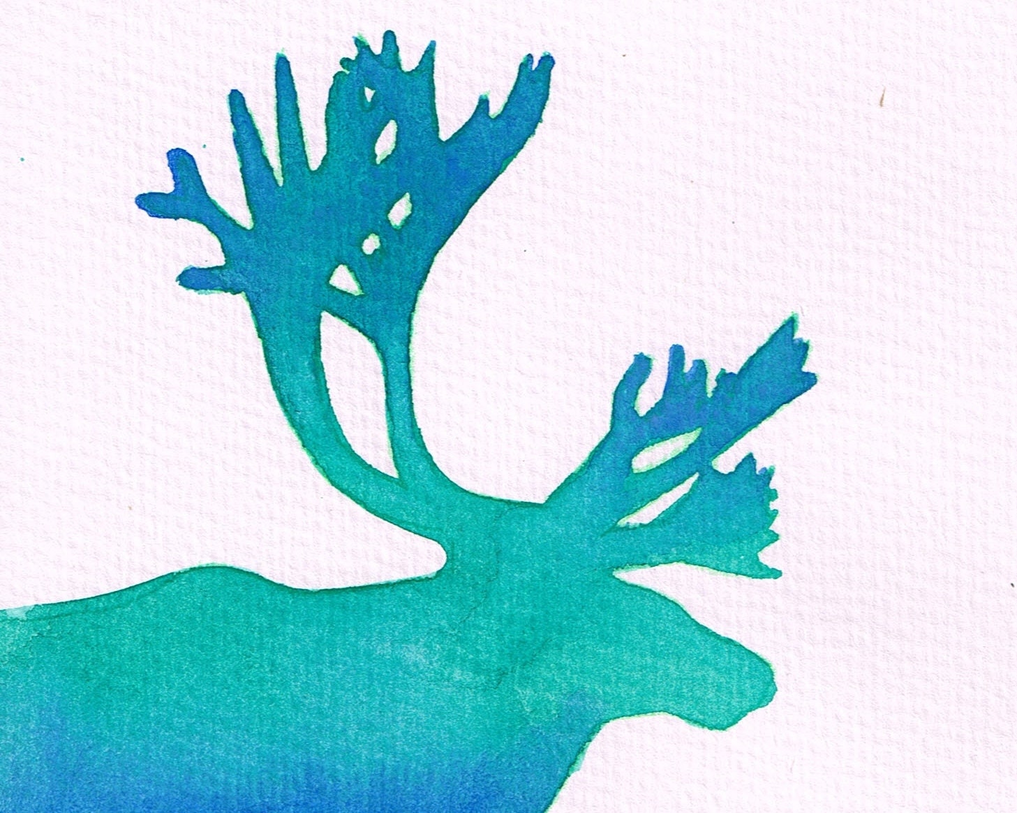 Watery Caribou Silhouette Ombre Watercolor - Green and Blue, 5 x 7
