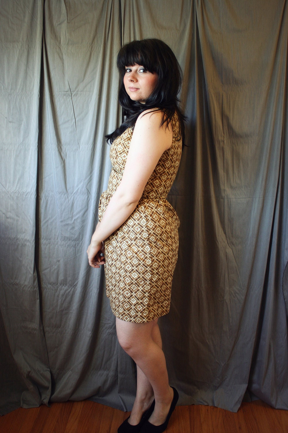 Mad Men 1950's Dress- Brown Plaid Dress- size small- SALE