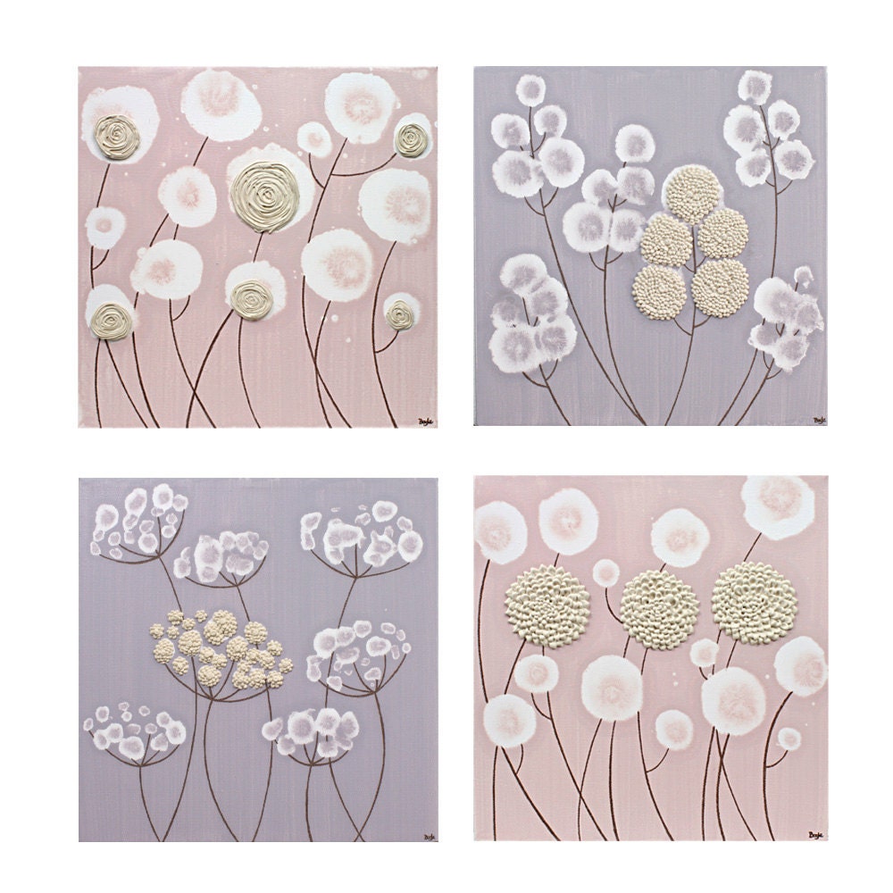 Baby Girl Nursery Canvas Art - Textured Flower Paintings in Pink and Purple - Set of Four Square Canvas Art 25X25