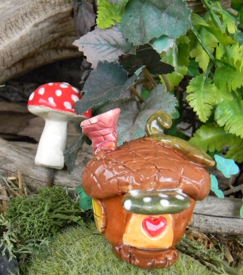 Acorn Nut  House Leaf top  terrarium fairy  House Miniature Glazed fairy dwelling