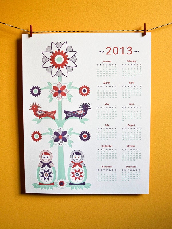 SALE - 2013 Wall Calendar Letterpress Printed Matryoshka Folk Art