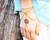 Slave Bracelet Hand Bracelet Piece Slave Ring Gypsy Hipster Hand Piece Jewelry Bronze Chain Bohemian Two Drape Circle Charm