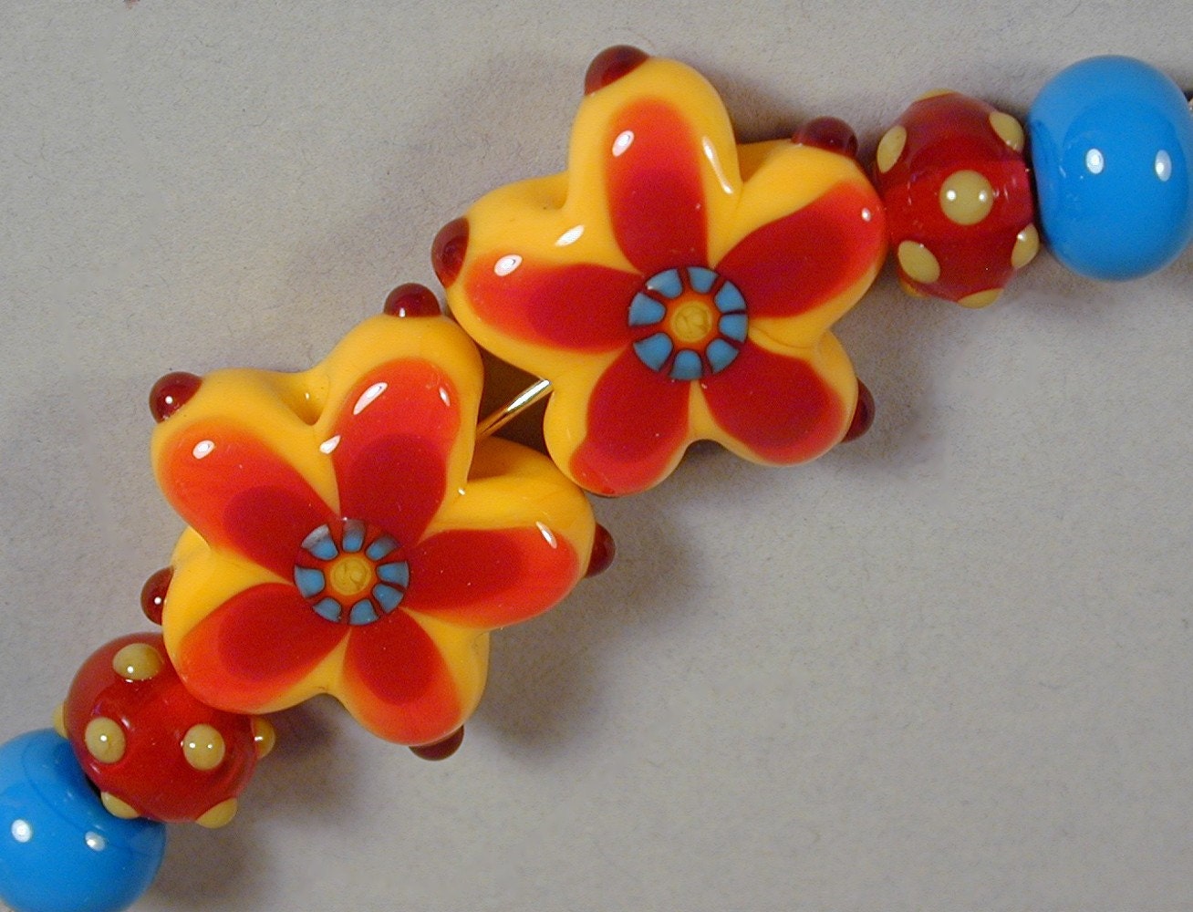 Handmade Lampworked Glass Bead Set of 3 Pairs, ooak, by Patti Cahill, sra -- Swimsuit Flowers