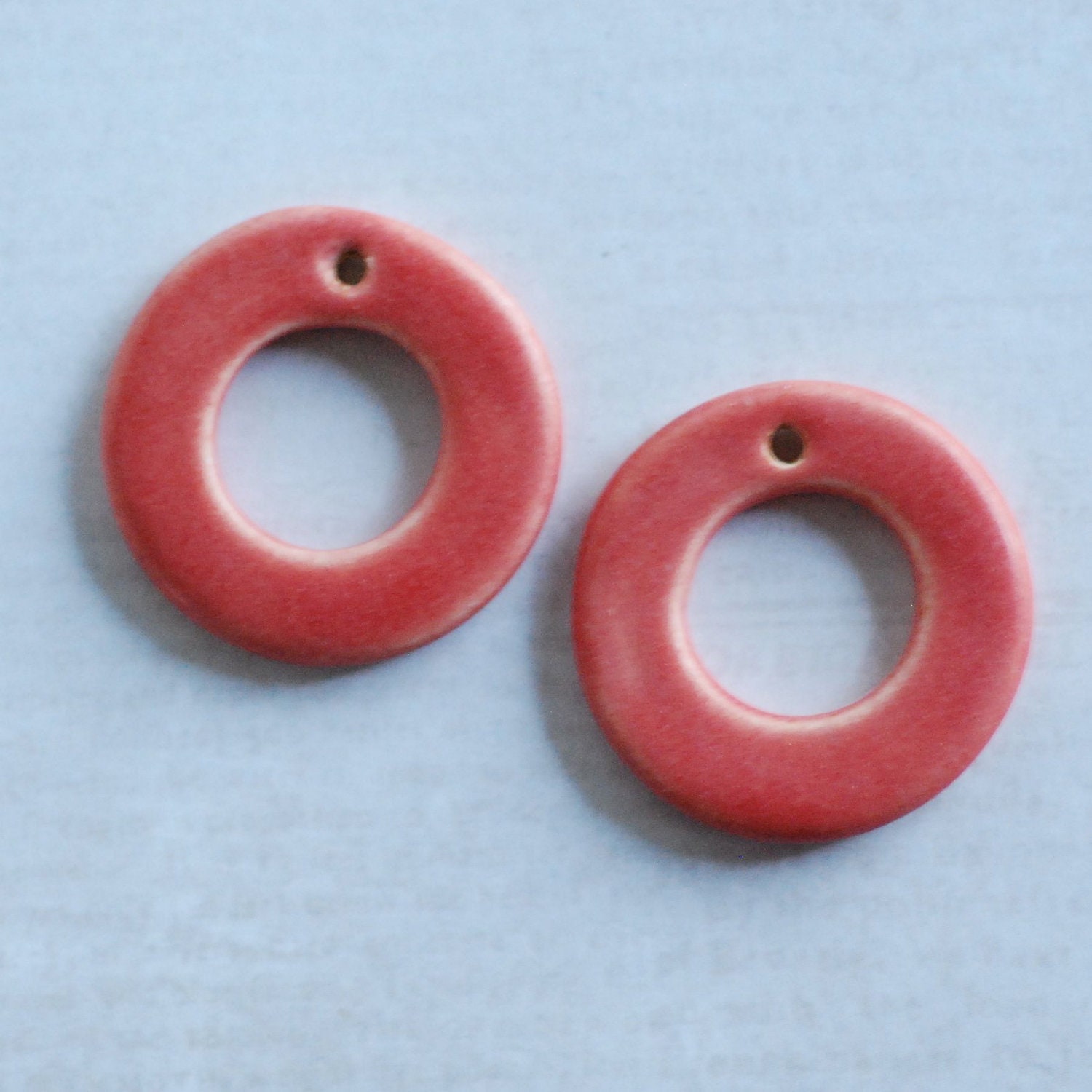 Circle Ceramic Bead Donut One Pair in Porcelain Clay Etched Honeysuckle Color