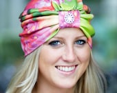 Wearable Art Turban - Fuchsia Flowers - Organic Cotton Knit