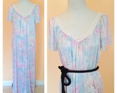 Vintage Pastel Maxi Nightgown. Long Nightgown. Pink. Blue. Floral. Lingerie. Lace. Sleepwear. V Neck. 1970s. Size Large.