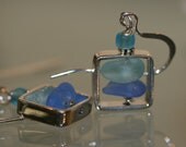 cornflower and aqua genuine sea glass square sterling silver dangling earrings