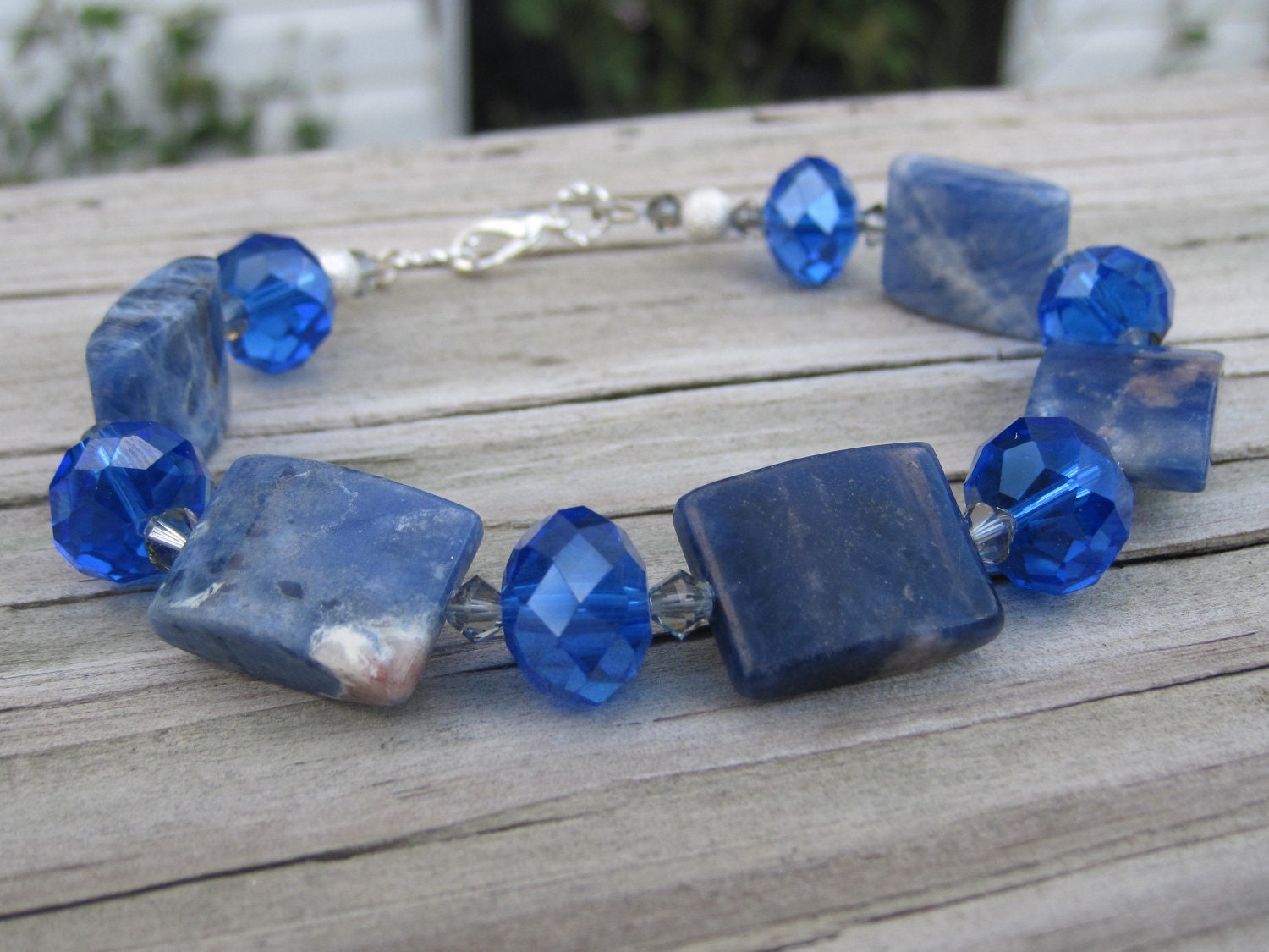 Blue Jean Bracelet. Sapphire Blue Crystal Beaded Bangle.
