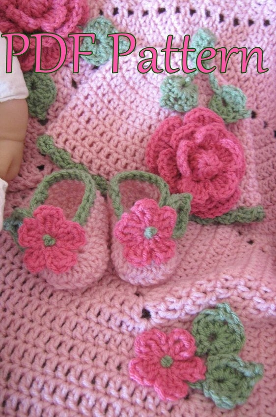 Ring Around the Rosie Crocheted Baby Blanket, Hat and Slippers PDF Pattern