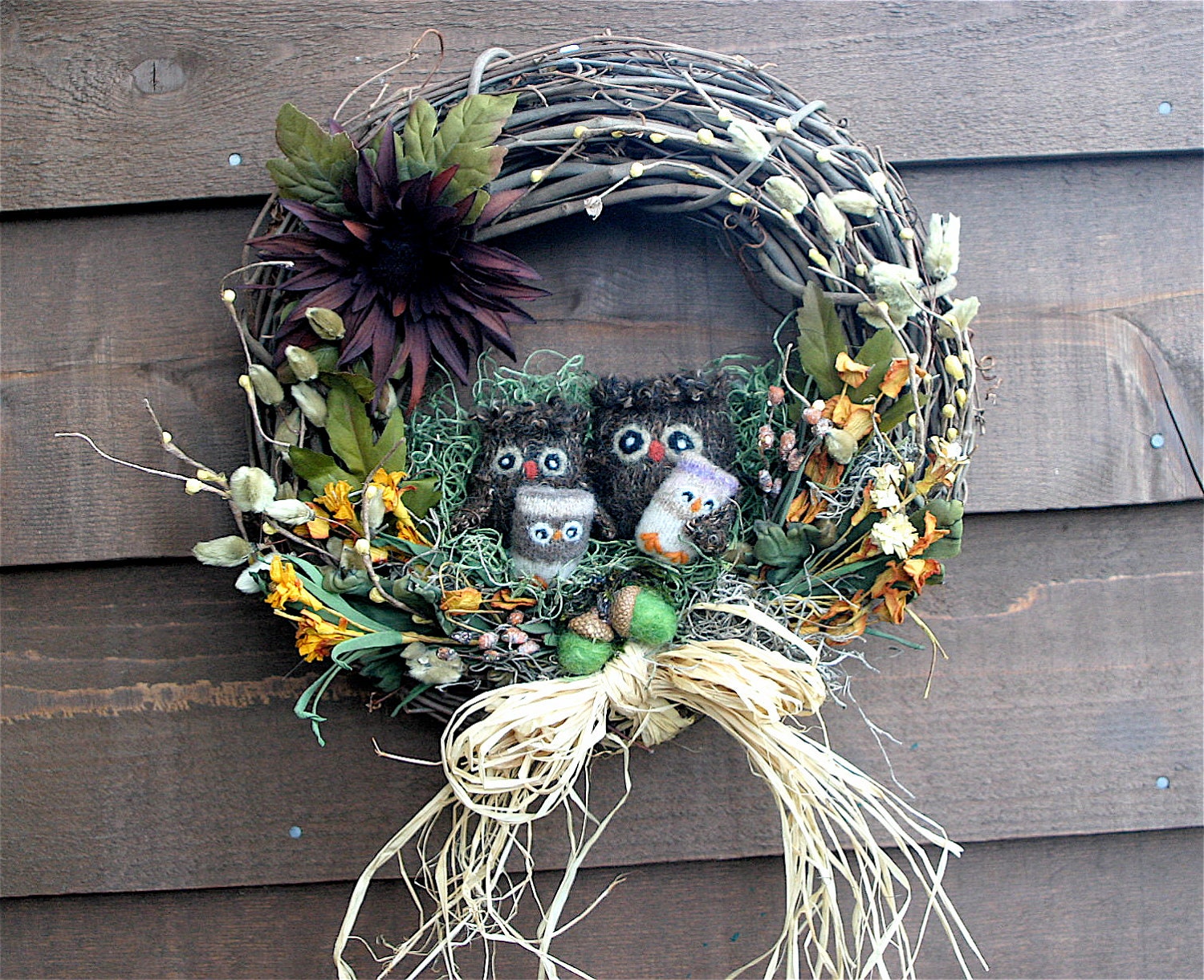Fall Halloween Thanksgiving Owl Woodland Family, Flowers, Acorns 12" Wreath... (woolcrazy)