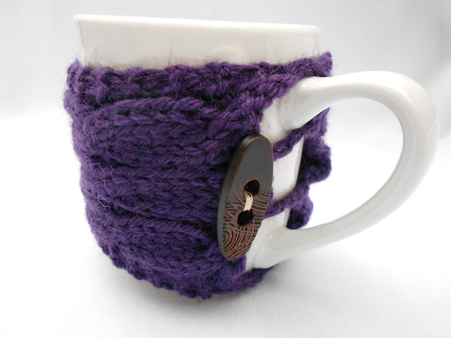 Knitted cup cozy. Cables. Cup warmer. Purple. Ready to ship.