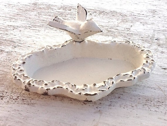 Petite Garden Bird Bath Rustic And Distressed, Shabby Chic White