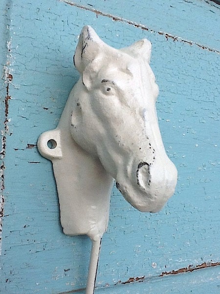 Cast Iron Wall Hook, Creamy Heirloom White, Horse Hook, Country Farm, Chippy Decor