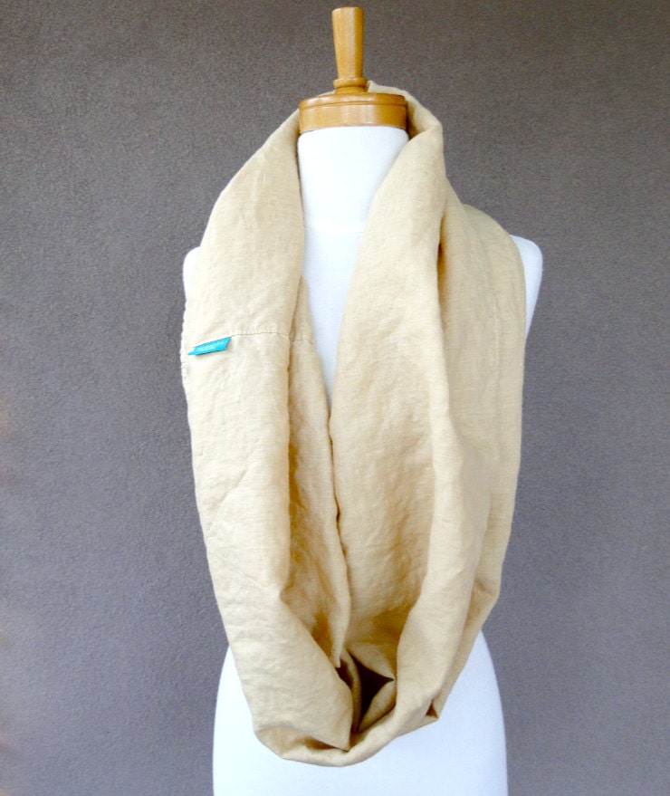 Linen infinity scarf  wrap neck warmer in tan / beige