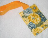 Yellow and blue floral luggage tag with yellow gold strap