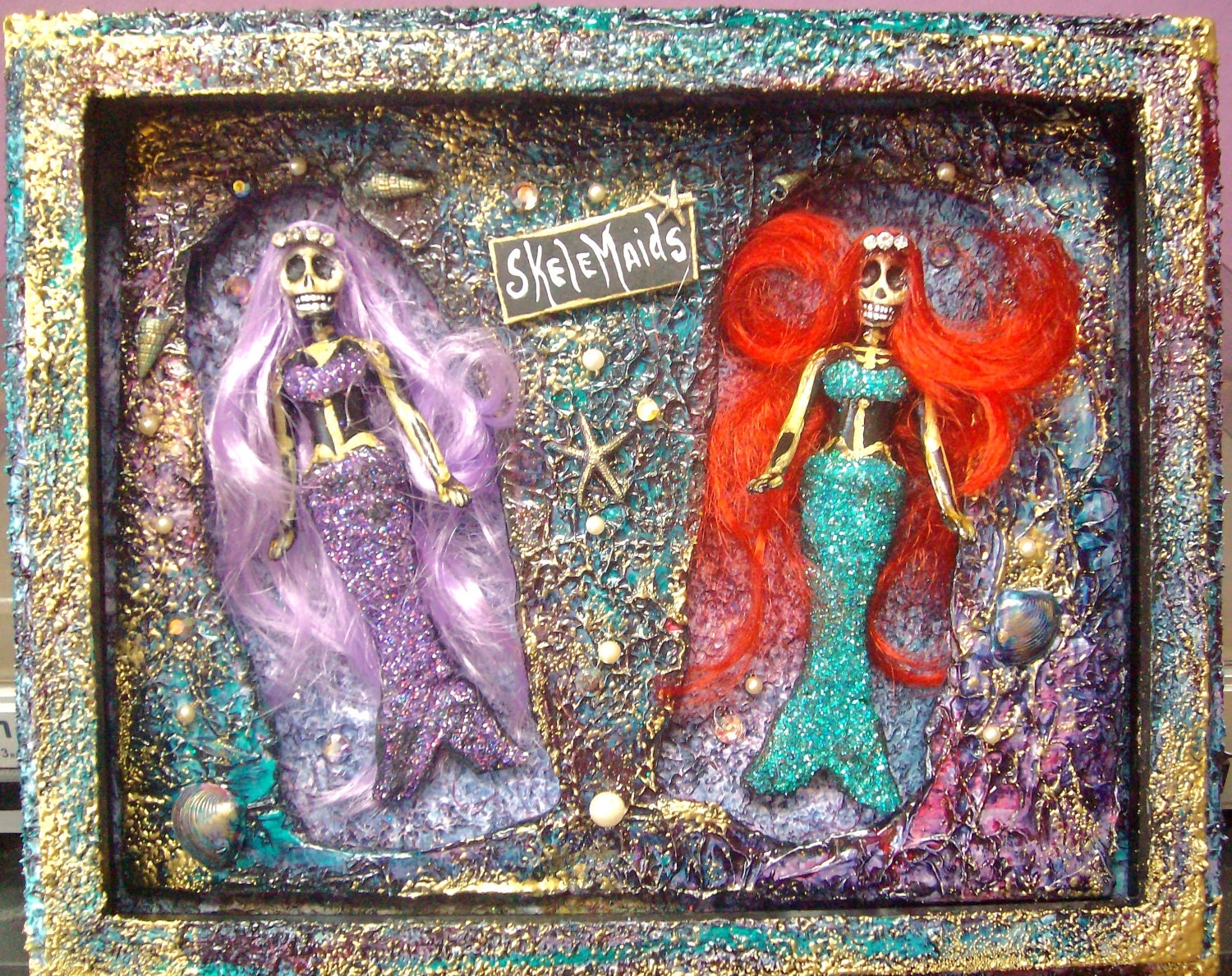 Mermaids Dia De Los Muertos titled "Skele-Maid Sisters" Day of the Dead  Princess Sirena Calavera