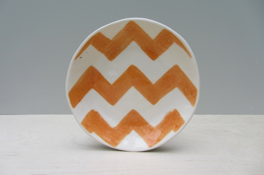 Ceramic Chevron Salad Plate in Pumpkin Orange and White (2nd)