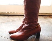 Vintage, Leather, Brown, Boots, Gold, Chain, 10, Ten, 91/2, 9.5, Heel, Mid Calf, Round Toe, Zip Up, Classy, Simple