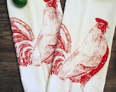 Tea Towel Set of 2 - Red ROOSTER Flour Sack Kitchen Dish Towels - Renewable Natural Cotton
