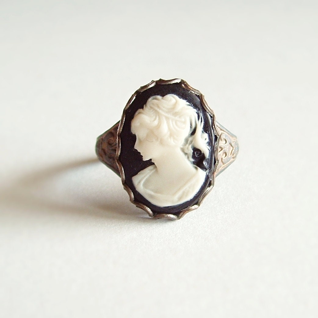 Black Cameo Ring Vintage Victorian Lady Antiqued Brass Adjustable Black Friday Cyber Monday 20% Off