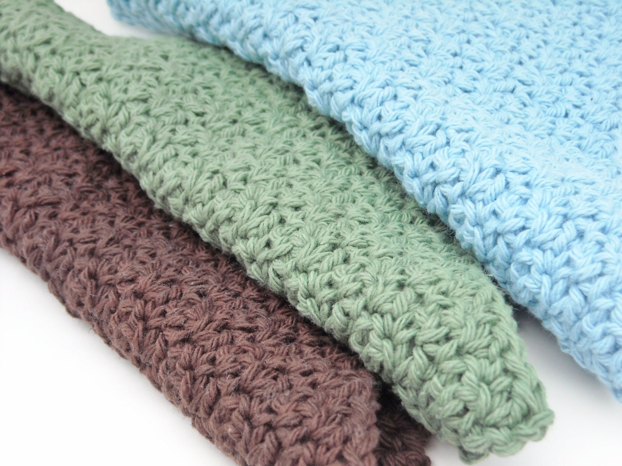 Crochet Dishcloths Washcloths Cotton Handmade For Kitchen or Bathroom Set of 3 Blue Brown Green