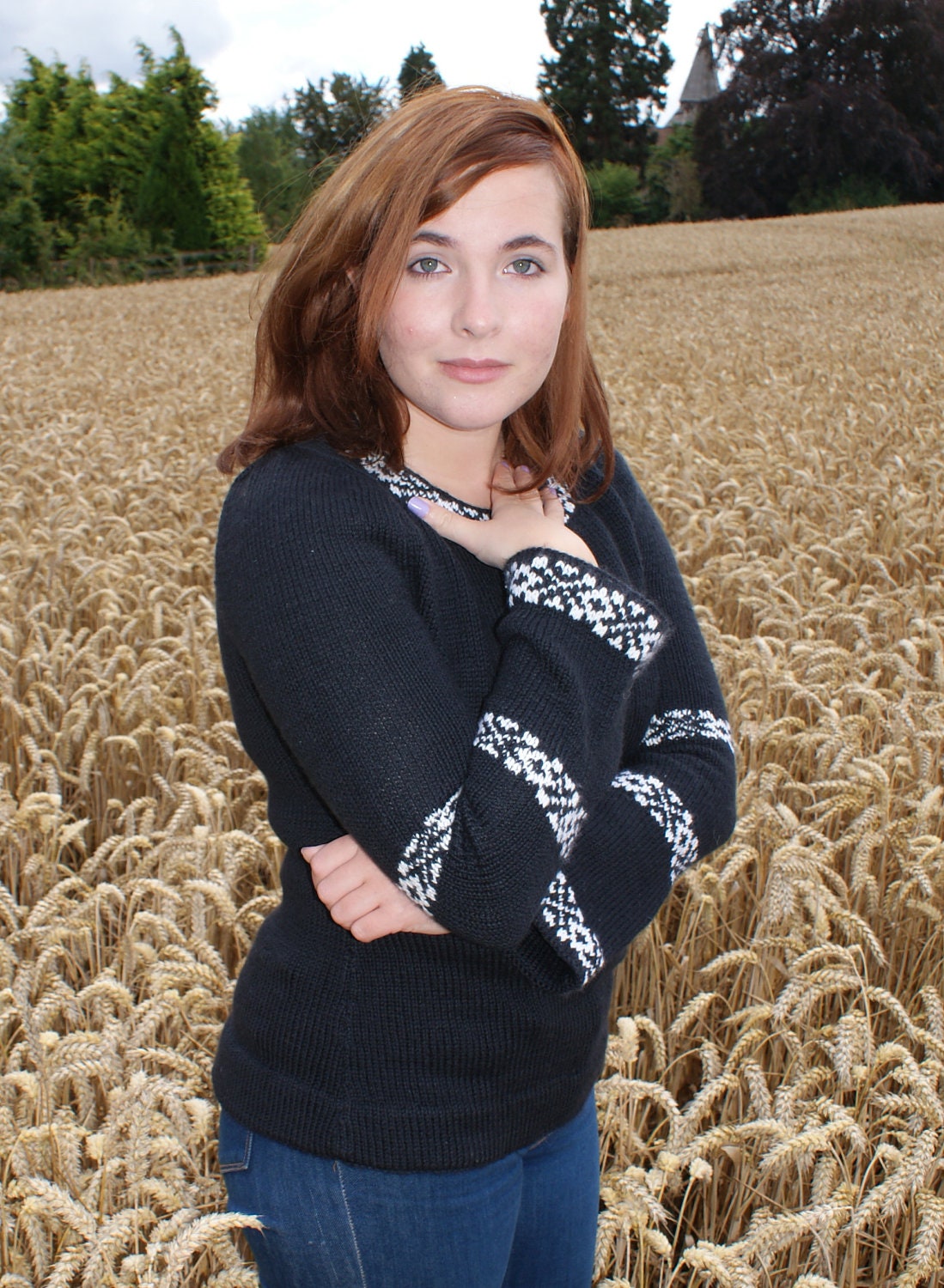 Knitting PATTERN for Ladies Sweater with Fair Isle Bands