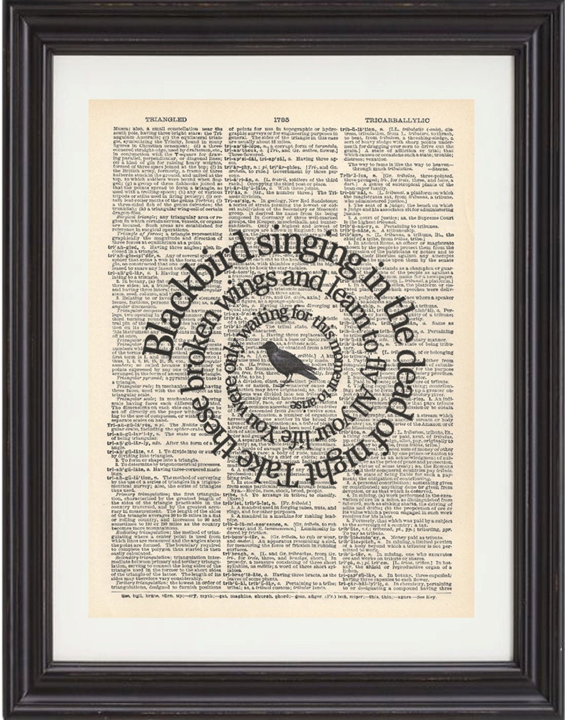 Blackbird, Song Lyrics, The Beatles, Music, Art Print, Vintage Dictionary, Book Page, Spiral Word, Typography