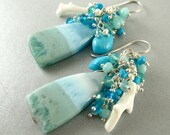 Larimar, White Coral, and Sleeping Beauty Turquoise Cluster Earrings