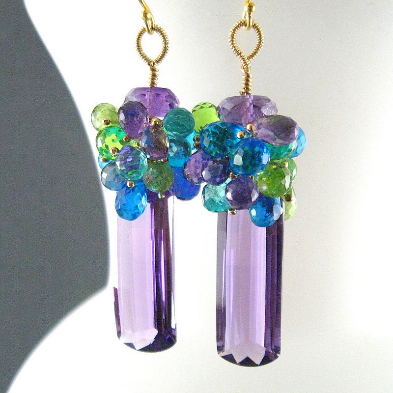 Amethyst Baguettes, Peridot and Quartz Gemstone Lux Earrings