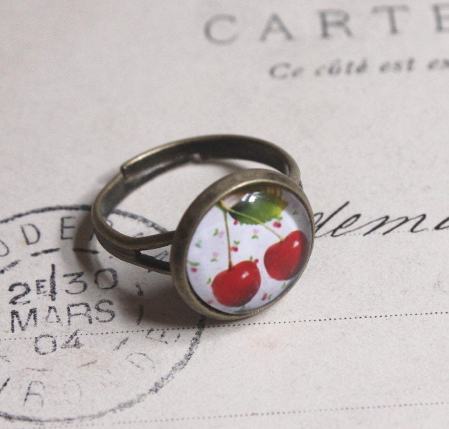 Red cherry ring adjustable ring ripe cherries red white ring antique gold fruit bague handmade jewelry european THREE for TWO R2