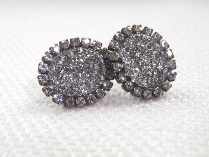 Druzy Stud Earrings Silver Titanium Diamond Look CZ Bezel Style Post Earrings Spring 2013 Fashion
