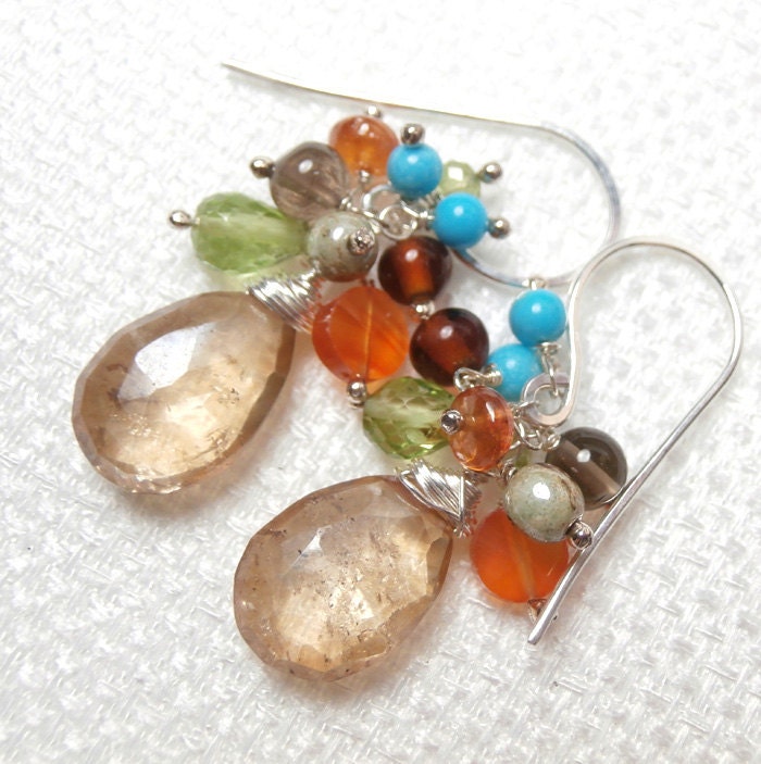 Cornucopia Cluster Earrings Wire Wrap Champagne Quartz Multi Gemstone