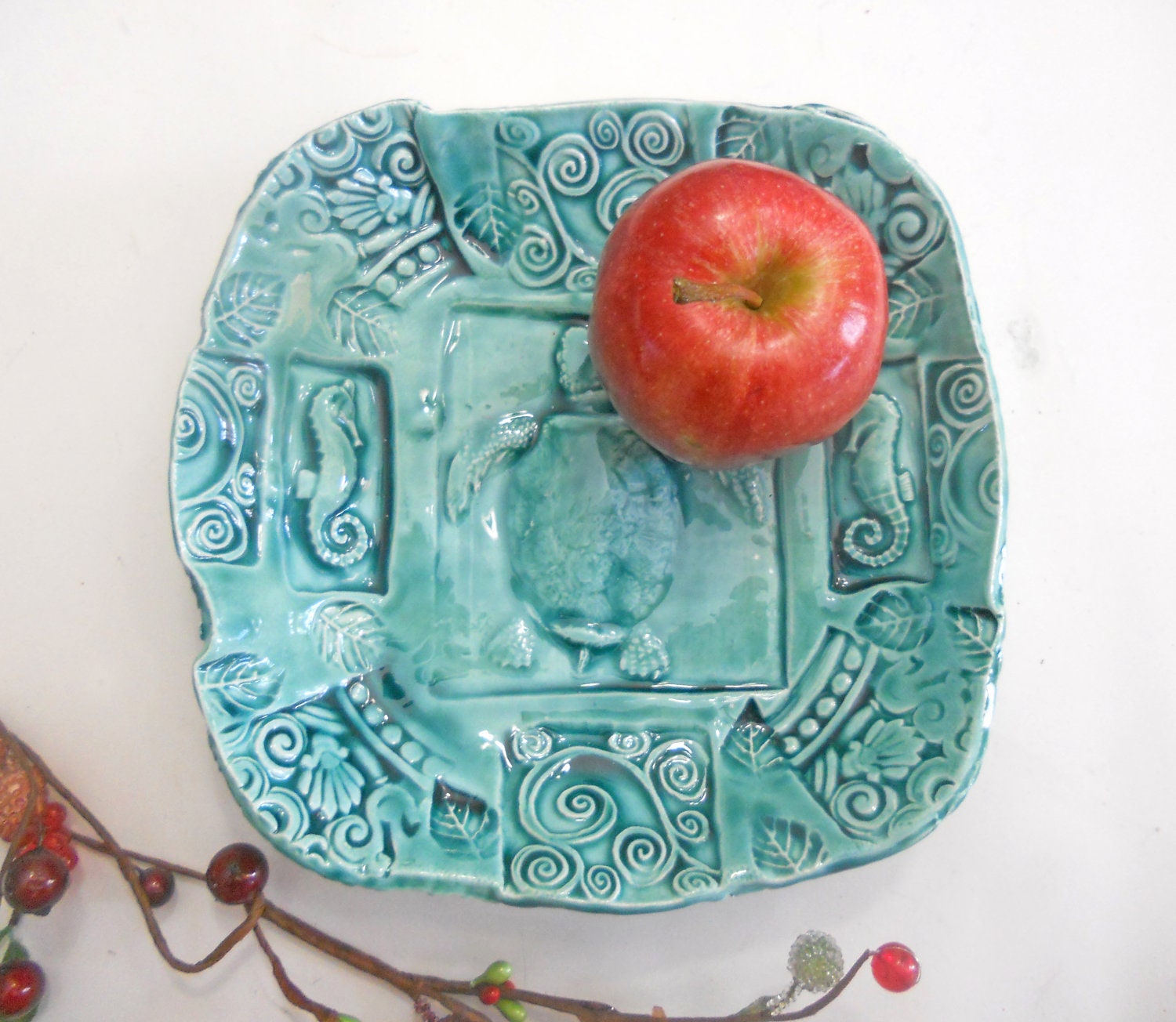 Ceramic Sea Turtle Bowl Seahorse Serving Plate w feet Turquoise Handmade Pottery Lace
