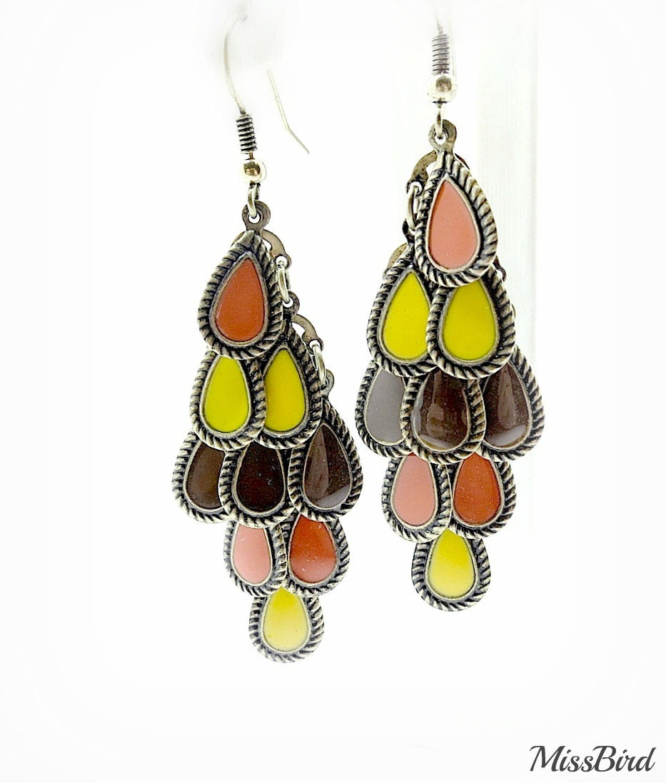 Enamel Chandelier Leaves Ochre Tones Earrings