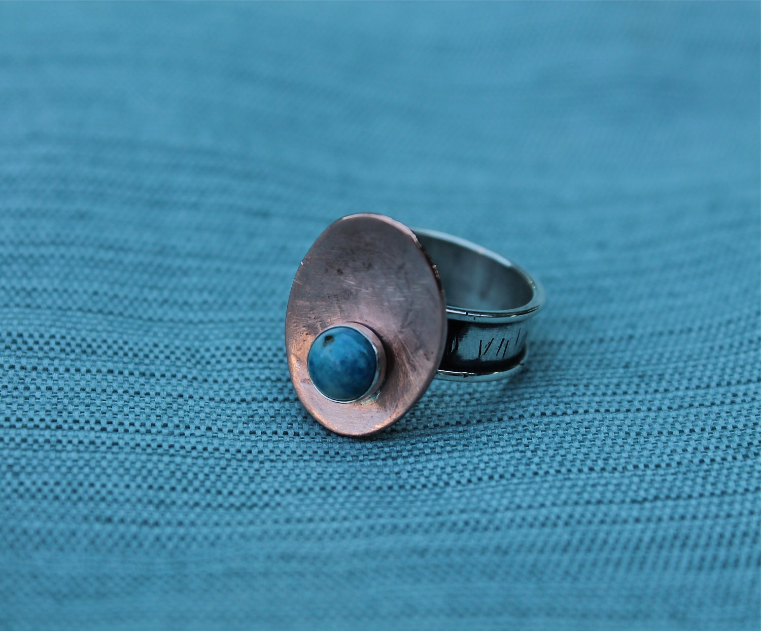 Sterling Silver Copper Lapis Ring. Blue denim lapis. abstract design ring. Hand textured. hand stamped. OOAK