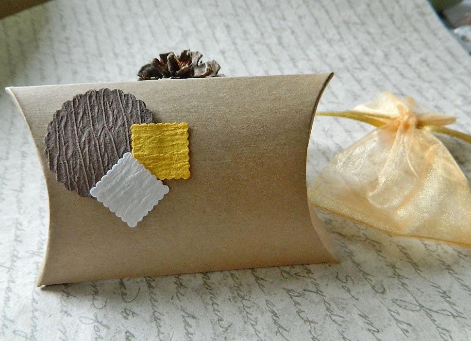 Gift Wrap Pillow Box - Package - Square, Figures, Brown, Cocoa, Mustard, White, Yellow, Geometric, Tribal, Favor, Holiday, Christmas, Cute