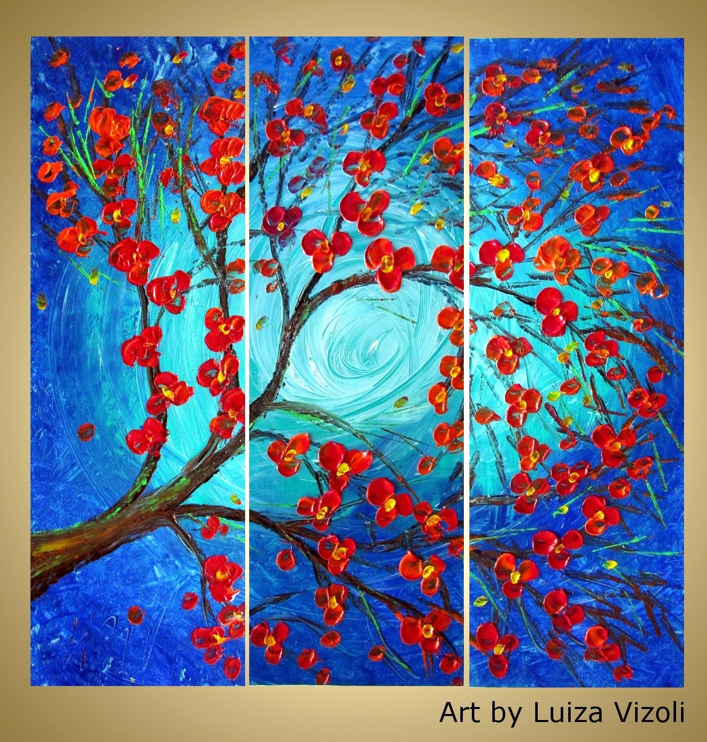 Original Modern Abstract RED CHERRY Tree Impasto Oil Painting MOON Music by Luiza Vizoli, Wall Decor
