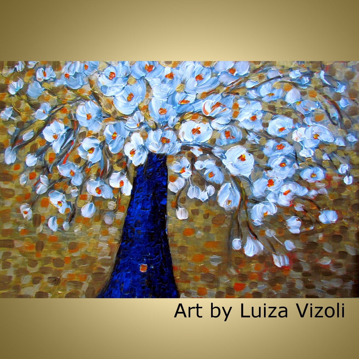 Original Modern Flowers Bouquet on Gold Palette Impasto Textured Painting on Large Canvas by Luiza Vizoli