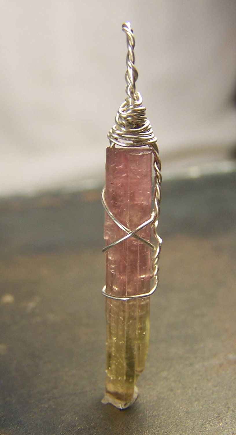 Tourmaline - wire wrap necklace pendant - Sterling Silver - crystal - Double Terminated -Tourmaline Crystal - pink green bi color bicolor