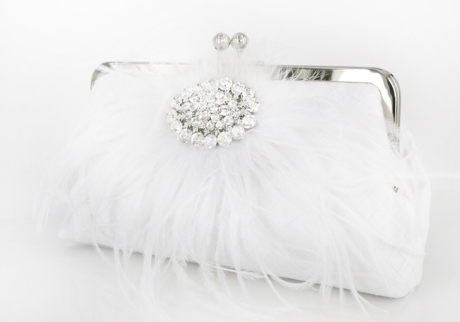 White Bridal Clutch with Rhinestone and Ostrich Feathers 8-inch PASSION