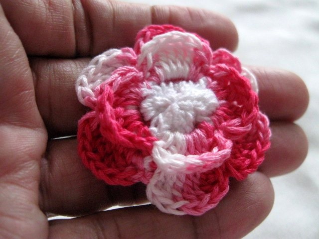 Crochet Brooch, Pink and White Variegated Flower Pin