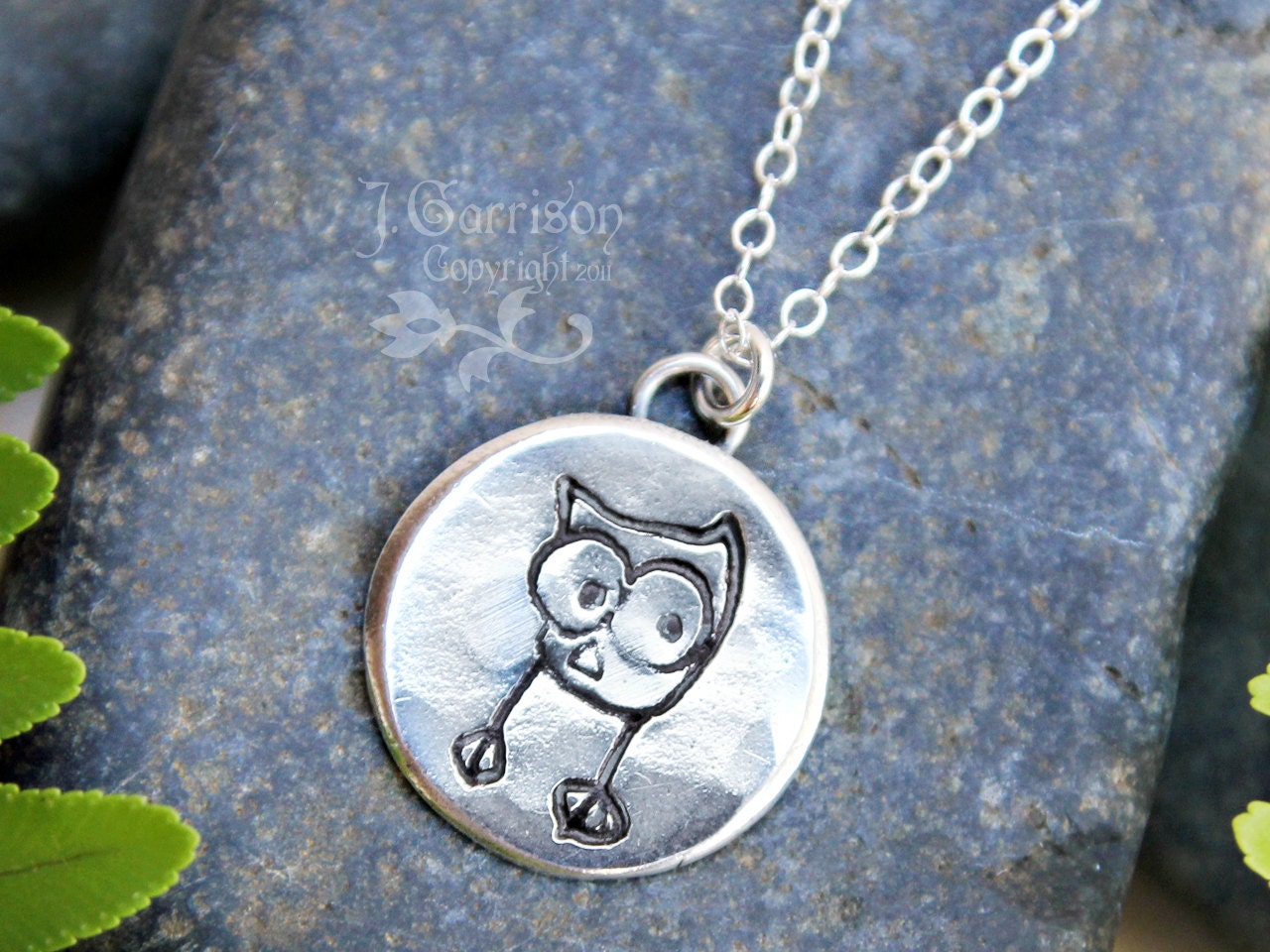 Little Owl necklace - handmade fine silver forest bird charm on a sterling silver chain - rustic woodland fun