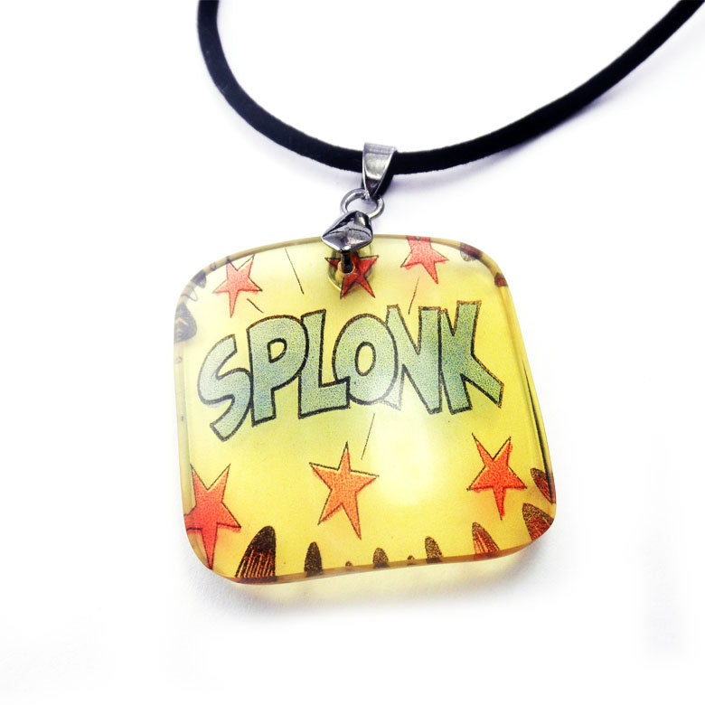 Pendant, SPLONK, Resin, embedded photo pendant by BuyMyCrap. Superhero comic book fighting words pendant