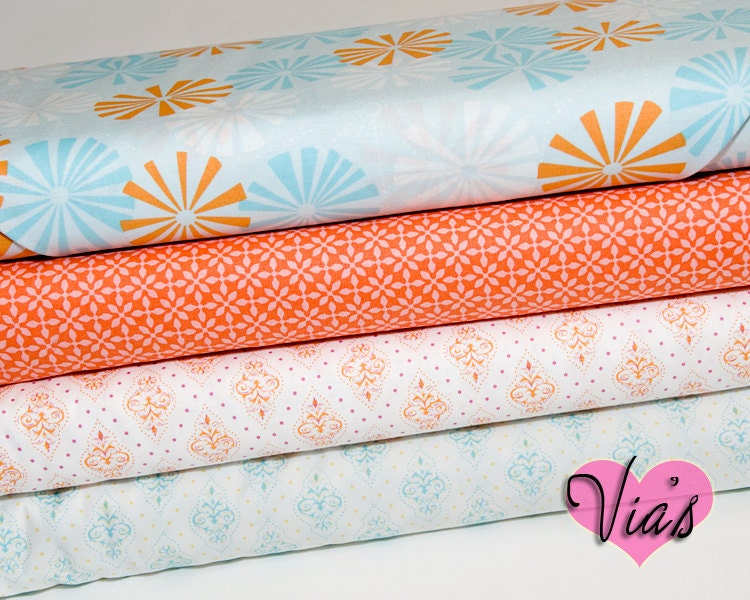 Fat Quarter Kit : Soliel Annette Tatum Pin Wheel Aqua Orange Peach Free Spirit Fabric  Designer Cotton Quilt Fabric