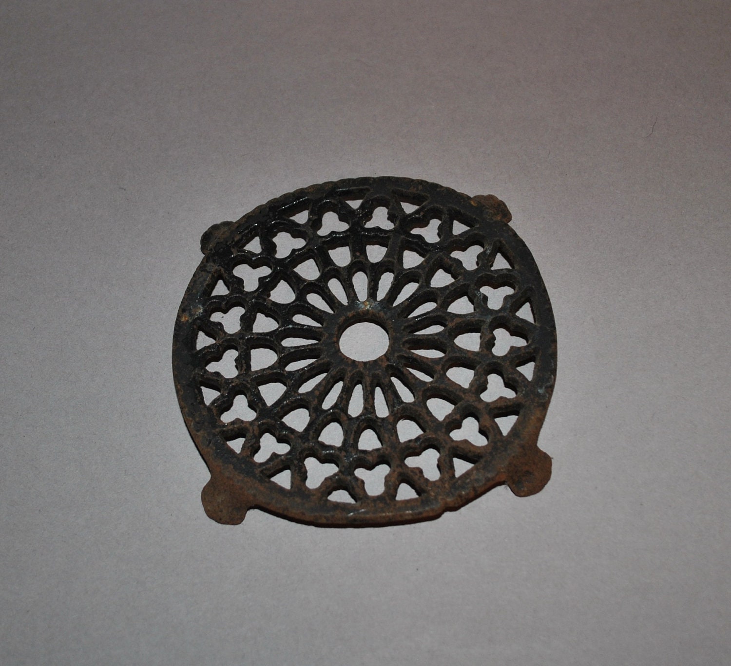 Antique Cast Iron Trivet Round With Gothic Design And 4 Feet