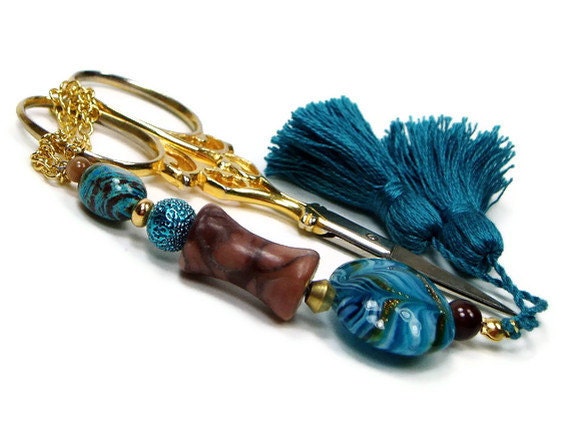 Scissor Fob Beaded Sewing Cross Stitch Quilting Needlepoint Teal Blue Cocoa Brown - TJBdesigns