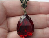 Bridesmaid Jewelry Red Necklace Victorian Necklace Vintage Rhinestone Estate Style Large Pendant  RUBY New