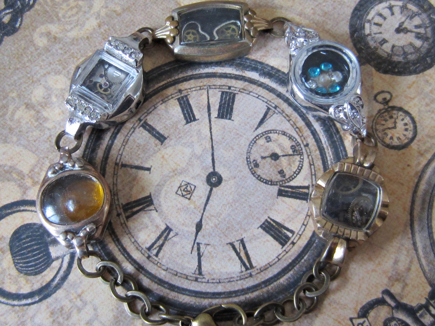 Watch part Bracelet - Steampunk Bracelet - In the Works - Steampunk watch parts charm bracelet - Repurposed art