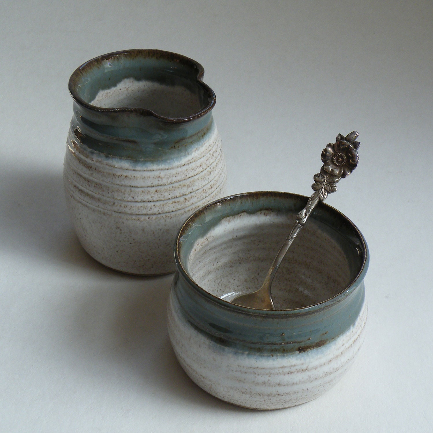 White with Blue Gray Creamer and Sugar - Pottery Set of 2 - Sugar and Creamer Set