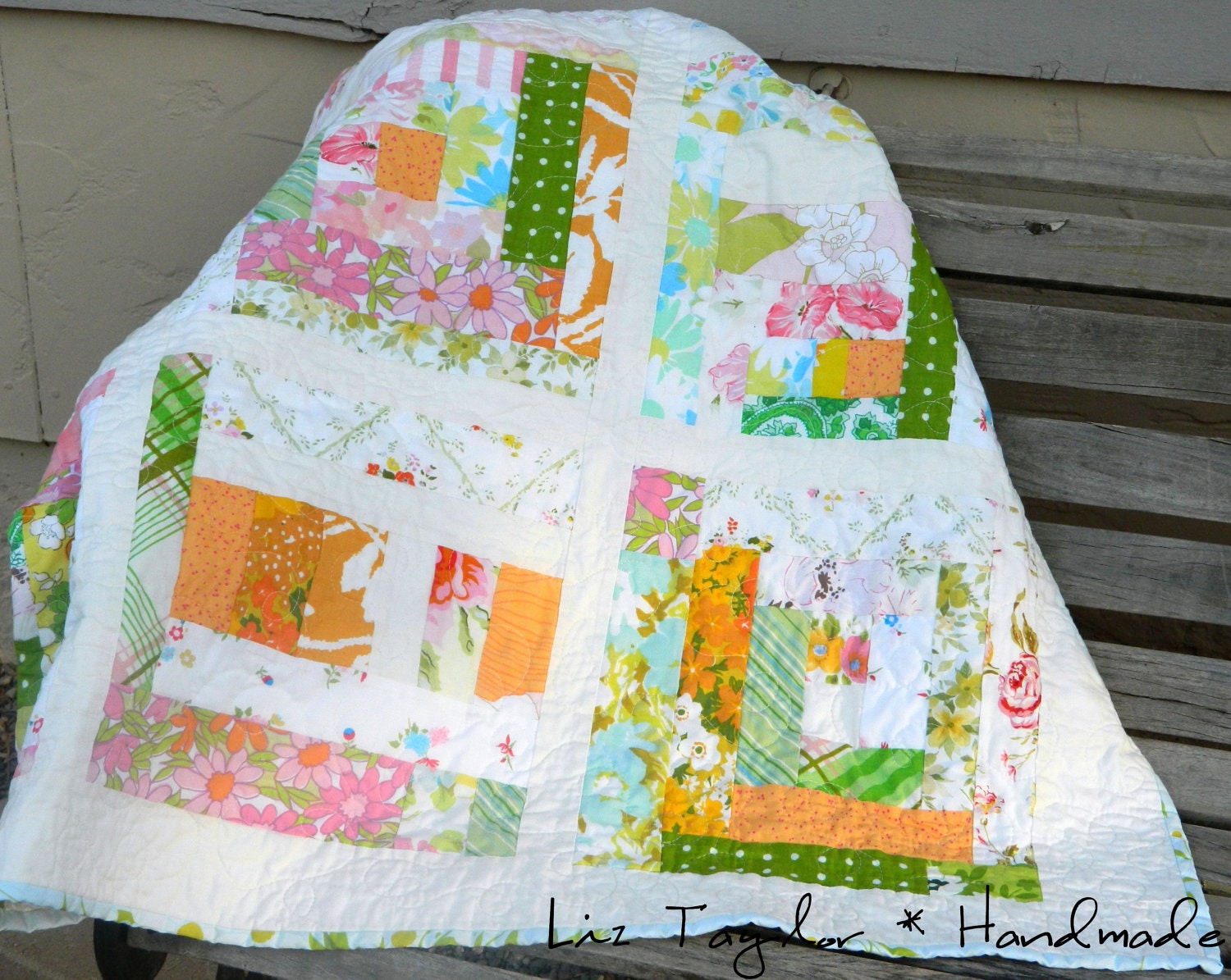 Handmade patchwork baby log cabin quilt - pink, yellow, orange, blue, green vintage sheets